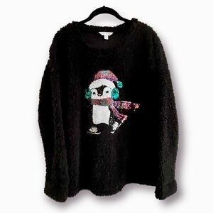 BLACK SHERPA, CHRISTMAS PULLOVER, SIZE 4/6. TIME & TRU BRAND. PENQUIN ON FRONT.